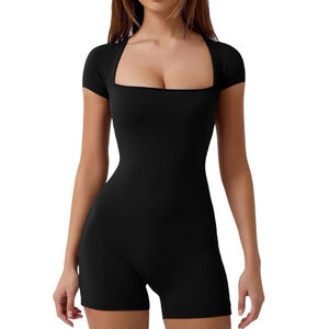 QINSEN Stretch Athletic Romper Unitard Short Sleeve Square-Neck Black Size L